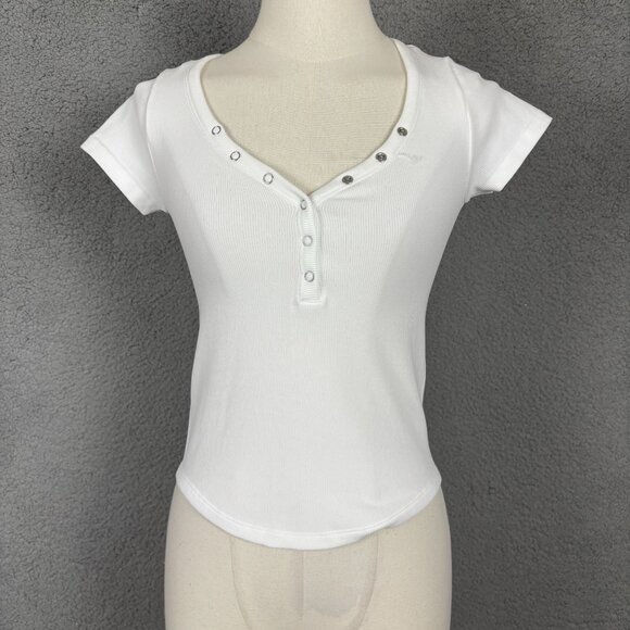 Planet Heart White Ribbed Short Sleeve Henley Top Small 3/4 Button Up NWOT's. - Picture 1 of 7